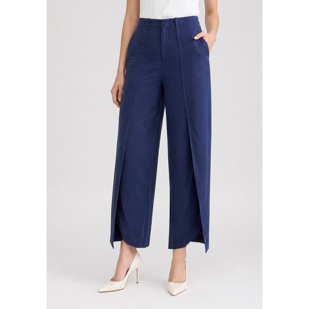 Linen Blend ecru Slit Hem Pants Washed Navy 12